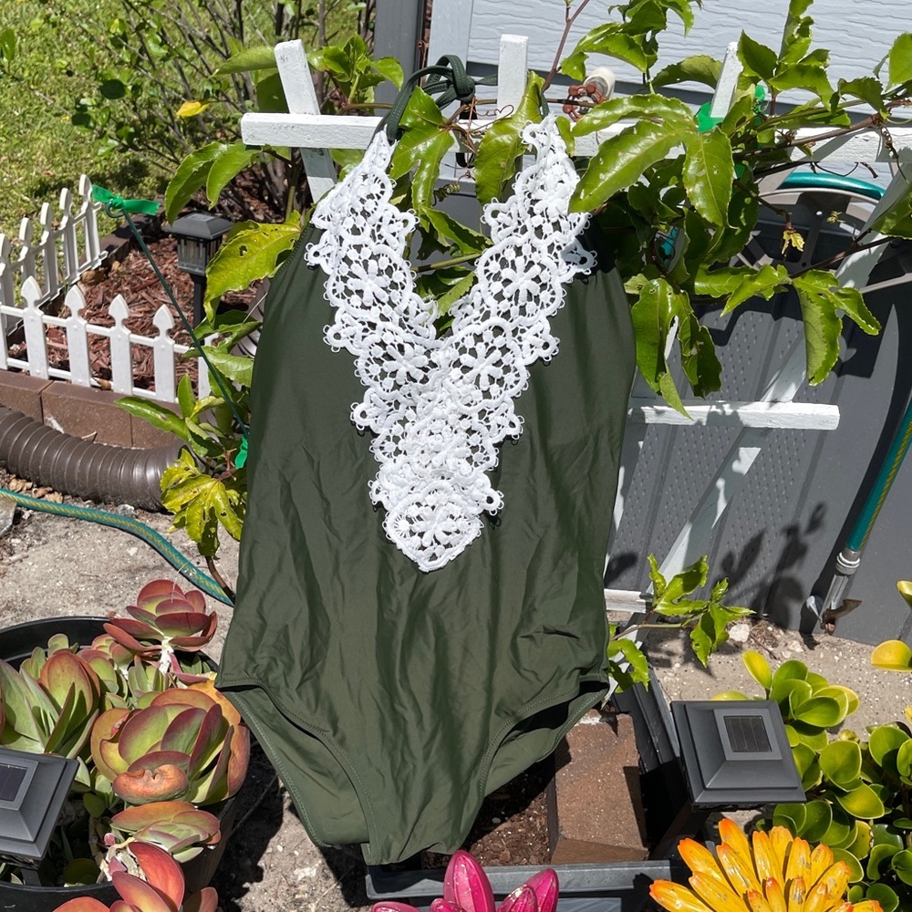 BLOOMINGJELLY One Piece Swimsuit Lace Vintage Halter In Hunter Green XL - Picture 3 of 12